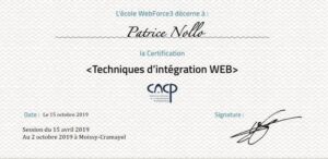 Certification Techniques d'intégration WEB - WebForce3 2019 délivrée à Patrice Nollo